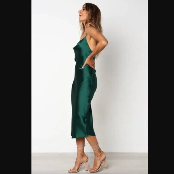 Petal & Pup Persia Emerald Green Satin Midi Cowl Neck Slip Dress 4 - Picture 4 of 10